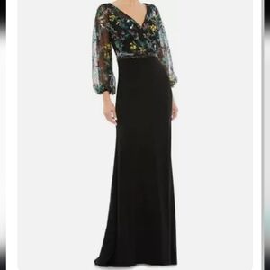 Mac Duggal Embroidered Mesh Long Sleeve Column Gown Black Multi Sz 16